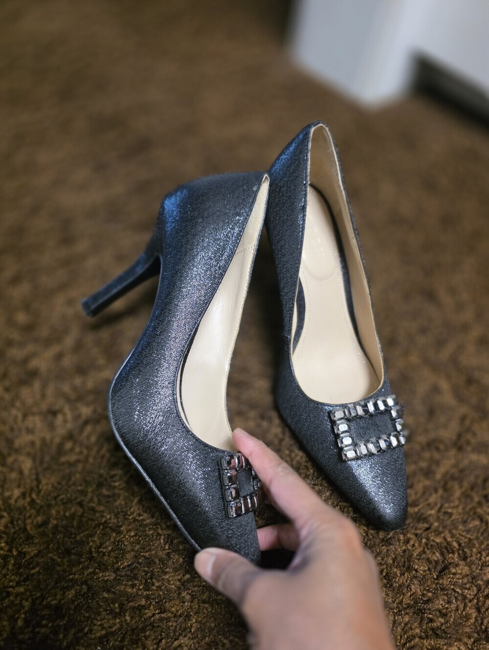 Pointed Metallic Black Heels with Crystal Buckle